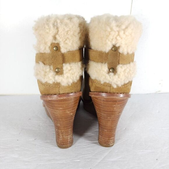 UGG Women's Anais US9 Chestnut Suede Sheepskin Wedge Shearling Boots Booties - Picture 12 of 14
